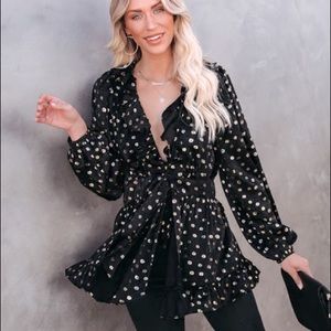 Metallic ruffle tie blouse